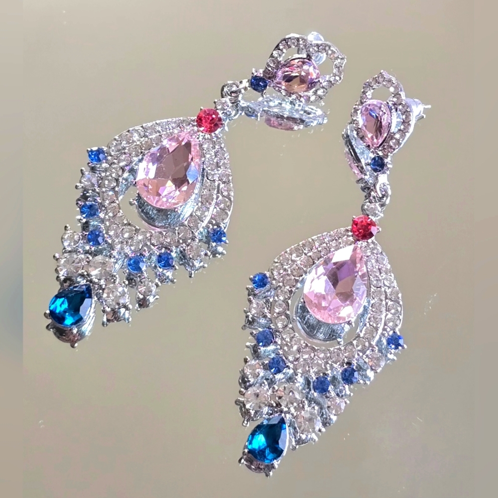 Pink, Clear, and Blue Crystal Drop Earrings